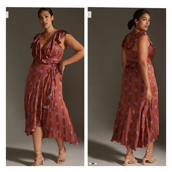 Anthropologie Ruffle-Sleeve Printed-Wrap Maxi Dress Size XL - Picture 5 of 10